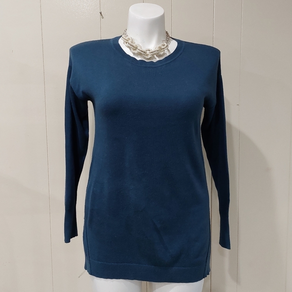 Caslon Nordstrom Women's Blue Knit Cotton Blend High Low Sweater Size S Oversize